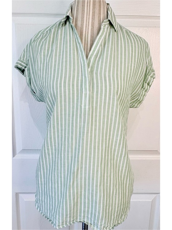 Anthropologie Tops - Anthropologie Green and White Striped Short-Sleeve Blouse